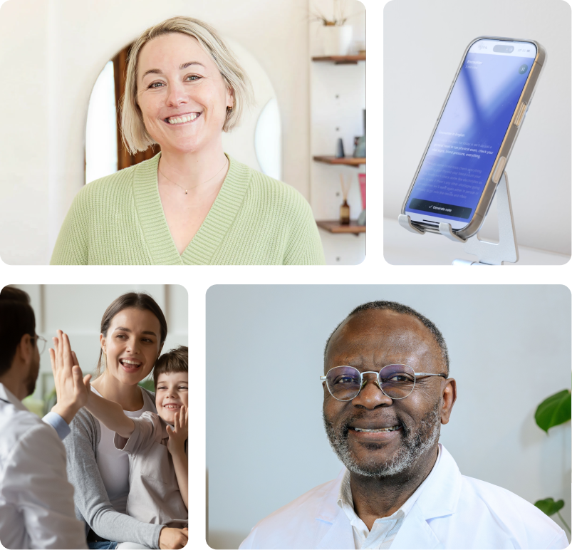 Nabla ambient AI assistant shown on mobile alongside clinicians using the product