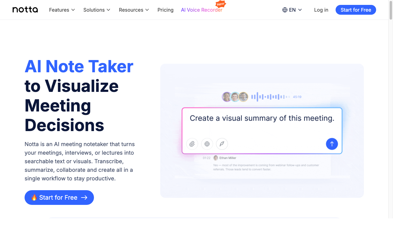 Notta meeting transcription app homepage showing AI-powered meeting notes and summaries