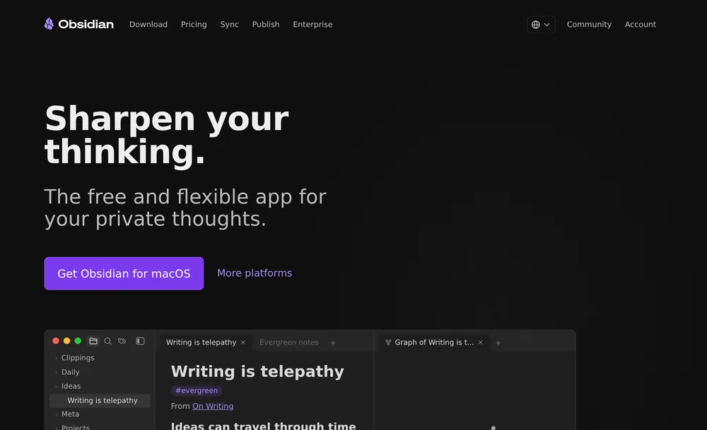 The Obsidian website at obsidian.md, headlined 'Sharpen your thinking', for the local-first note app that stores notes as plain-text files on your device.