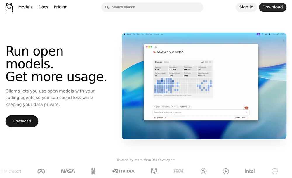 The Ollama website at ollama.com, headlined 'Run open models. Get more usage.', for the tool that runs open-source LLMs locally on your own hardware.