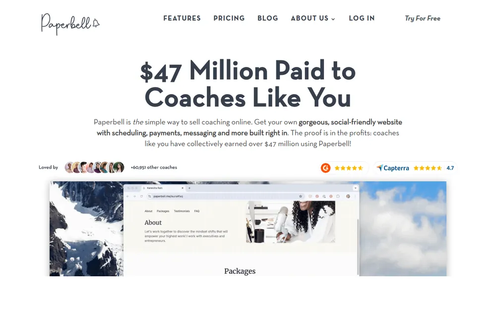 Paperbell homepage with the headline $47 Million Paid to Coaches Like You, a G2 badge and a Capterra 4.7 rating badge