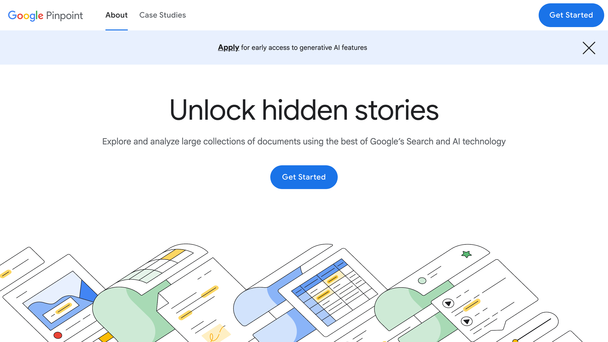 Google Pinpoint homepage from the Google News Initiative showing the tagline 'Unlock hidden stories' and a Get Started call to action — a free investigative reporting tool for document corpora and audio transcription