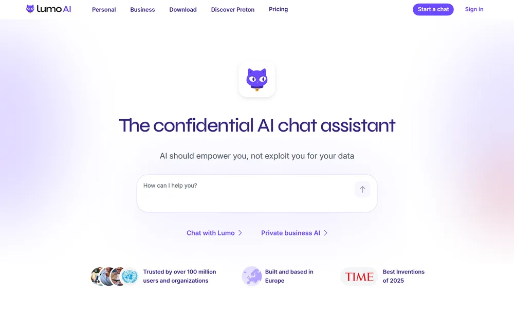 The Proton Lumo website at proton.me/lumo, headlined 'The confidential AI chat assistant', for Proton's private assistant that stores chats with zero-access encryption.