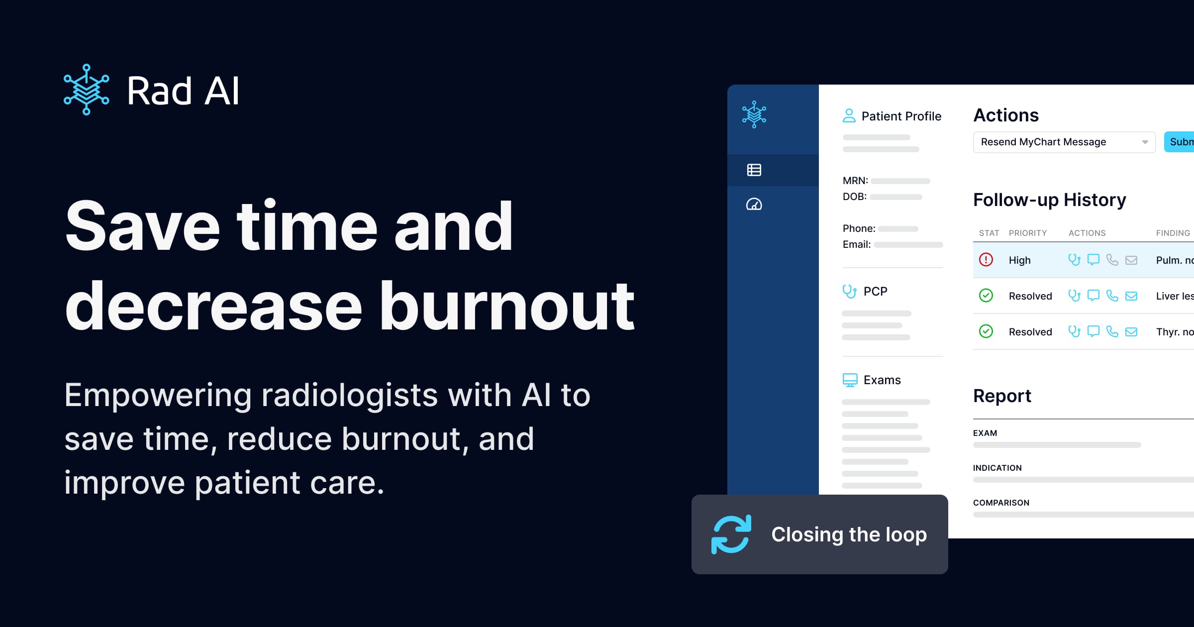 Rad AI marketing image showing the Omni platform interface with follow-up history and report fields