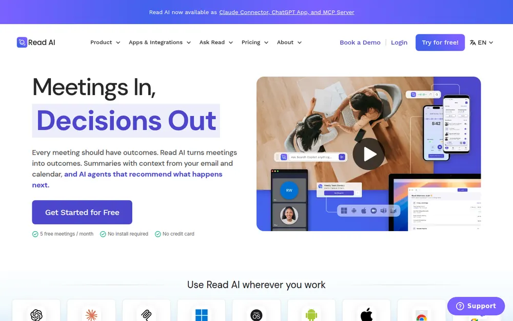 Read AI homepage: 'Meetings In, Decisions Out', with a 'Get Started for Free' button, 5 free meetings a month, no install required and no credit card
