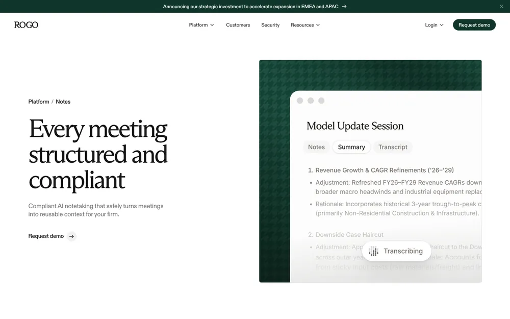 Rogo Notes page on rogo.com: 'Every meeting structured and compliant', with a meeting summary for a model update session being transcribed