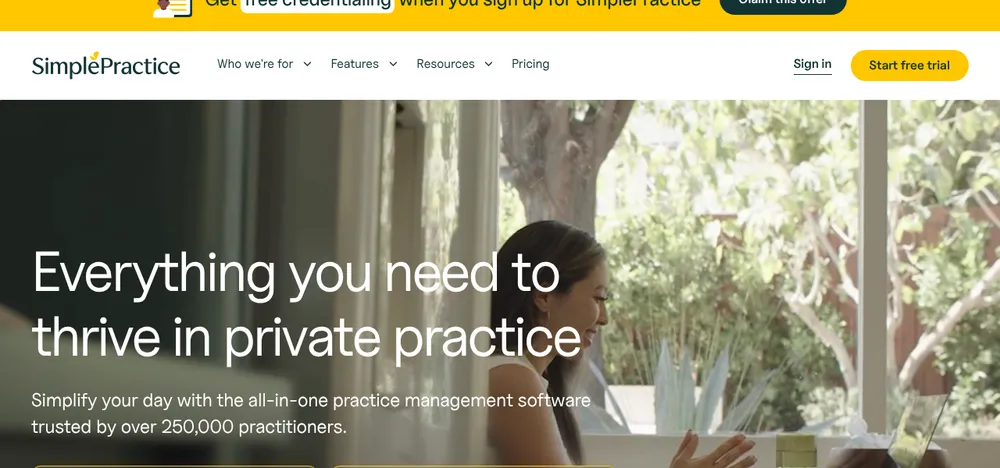 SimplePractice homepage: 'Everything you need to thrive in private practice', practice management software