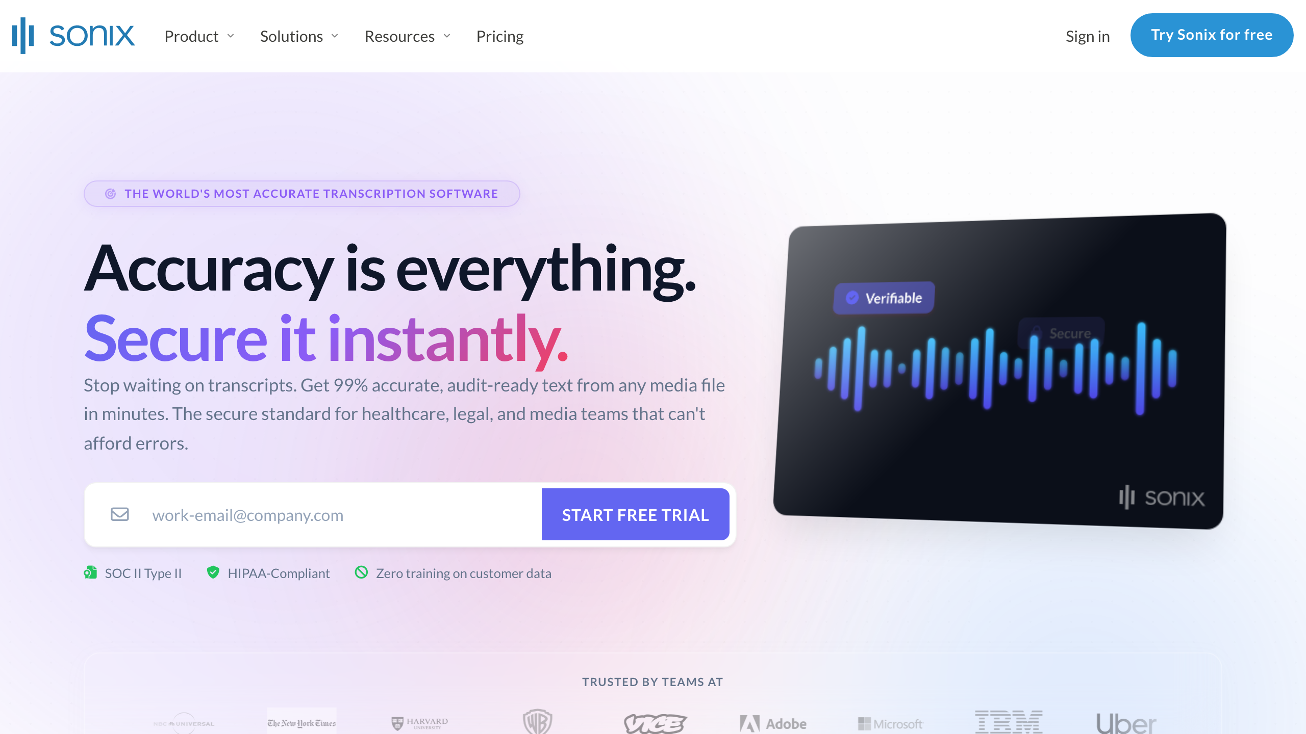 Sonix homepage showing the cloud AI transcription product with SOC 2 Type II and HIPAA compliance badges, used by healthcare and clinical-trial teams