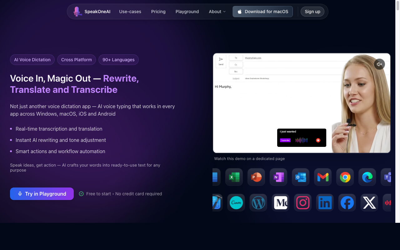 SpeakOneAI website homepage showing cross-platform AI voice dictation and translation tool