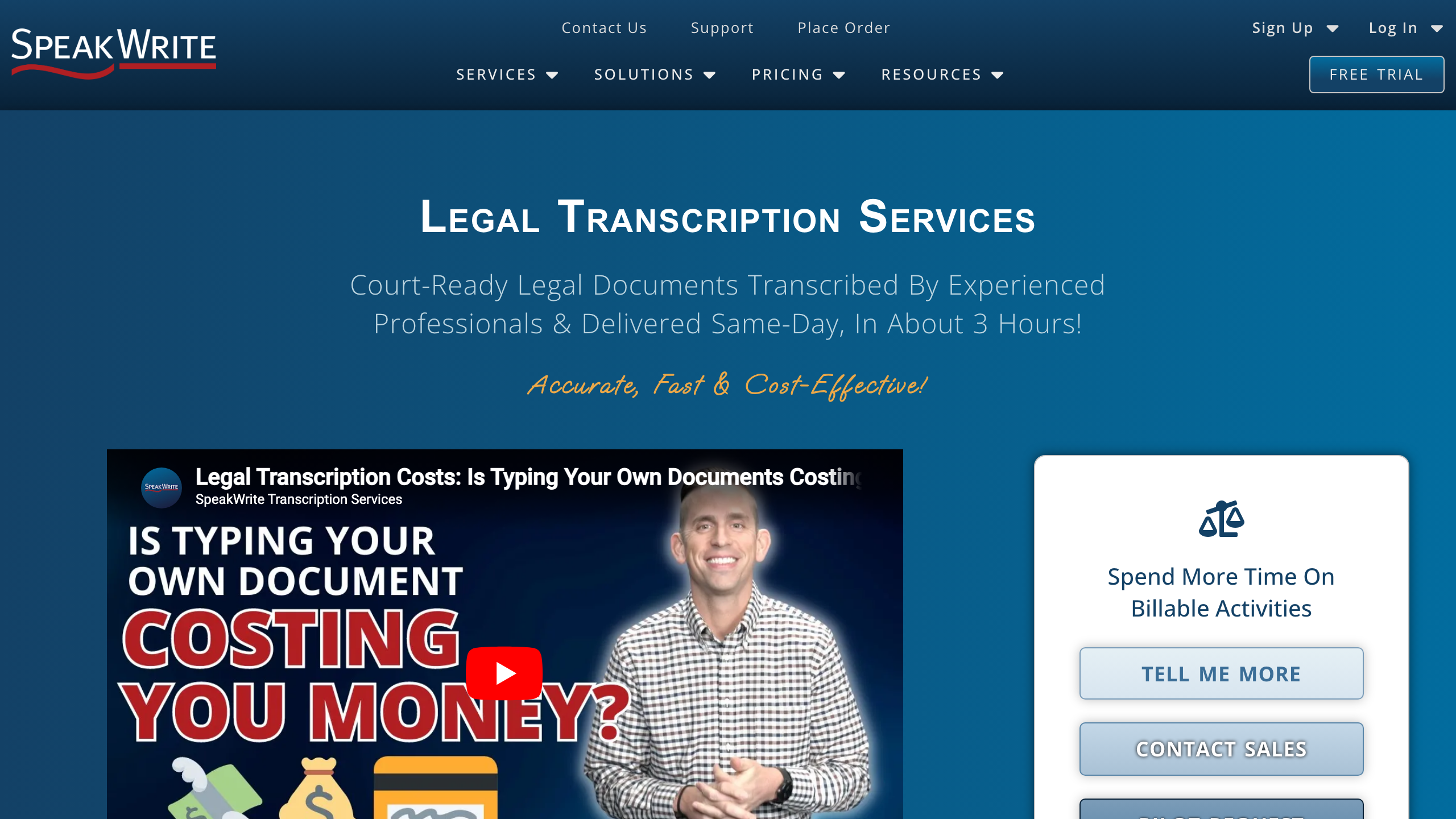 SpeakWrite legal transcription services landing page describing court-ready legal documents transcribed by experienced US-based professionals delivered same-day in about three hours