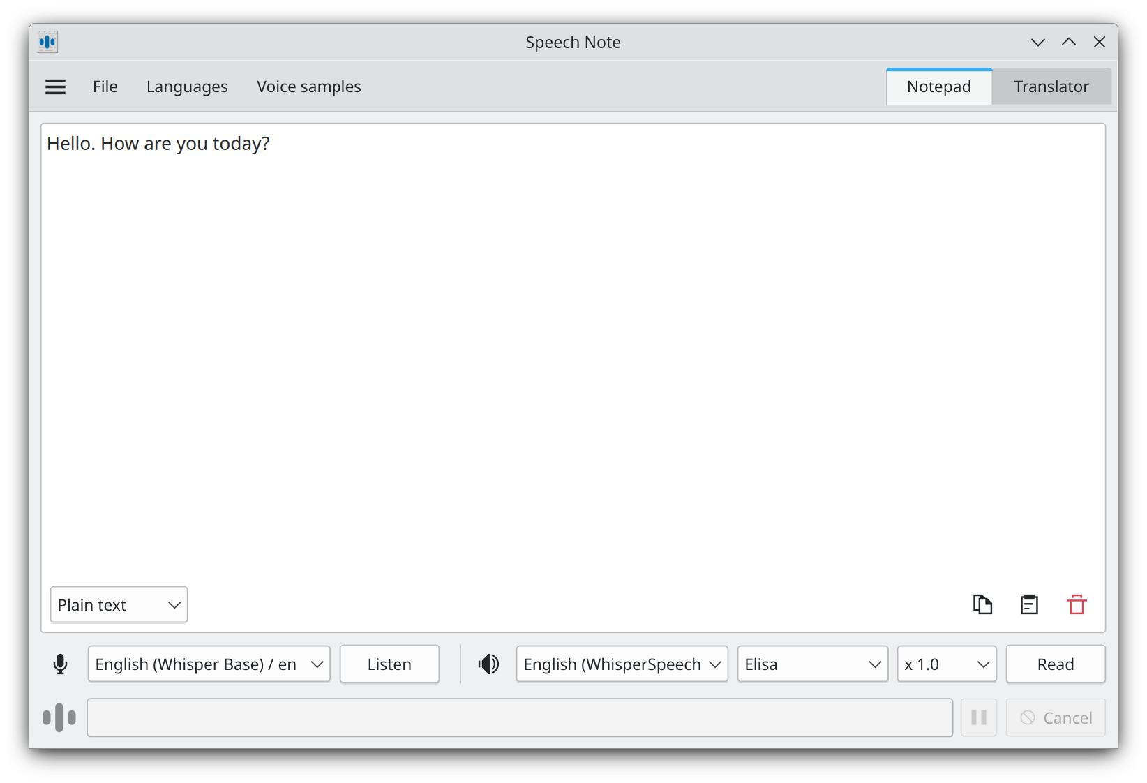 Speech Note (dsnote) GTK desktop application for Linux showing the notepad interface with offline speech-to-text, text-to-speech, and translation features under Mozilla Public License 2.0
