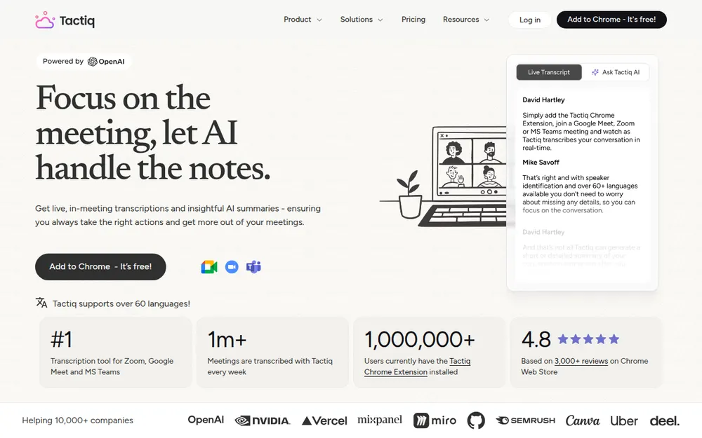 Tactiq homepage: 'Focus on the meeting, let AI handle the notes', with an Add to Chrome button and a 4.8 rating from 3,000+ Chrome Web Store reviews