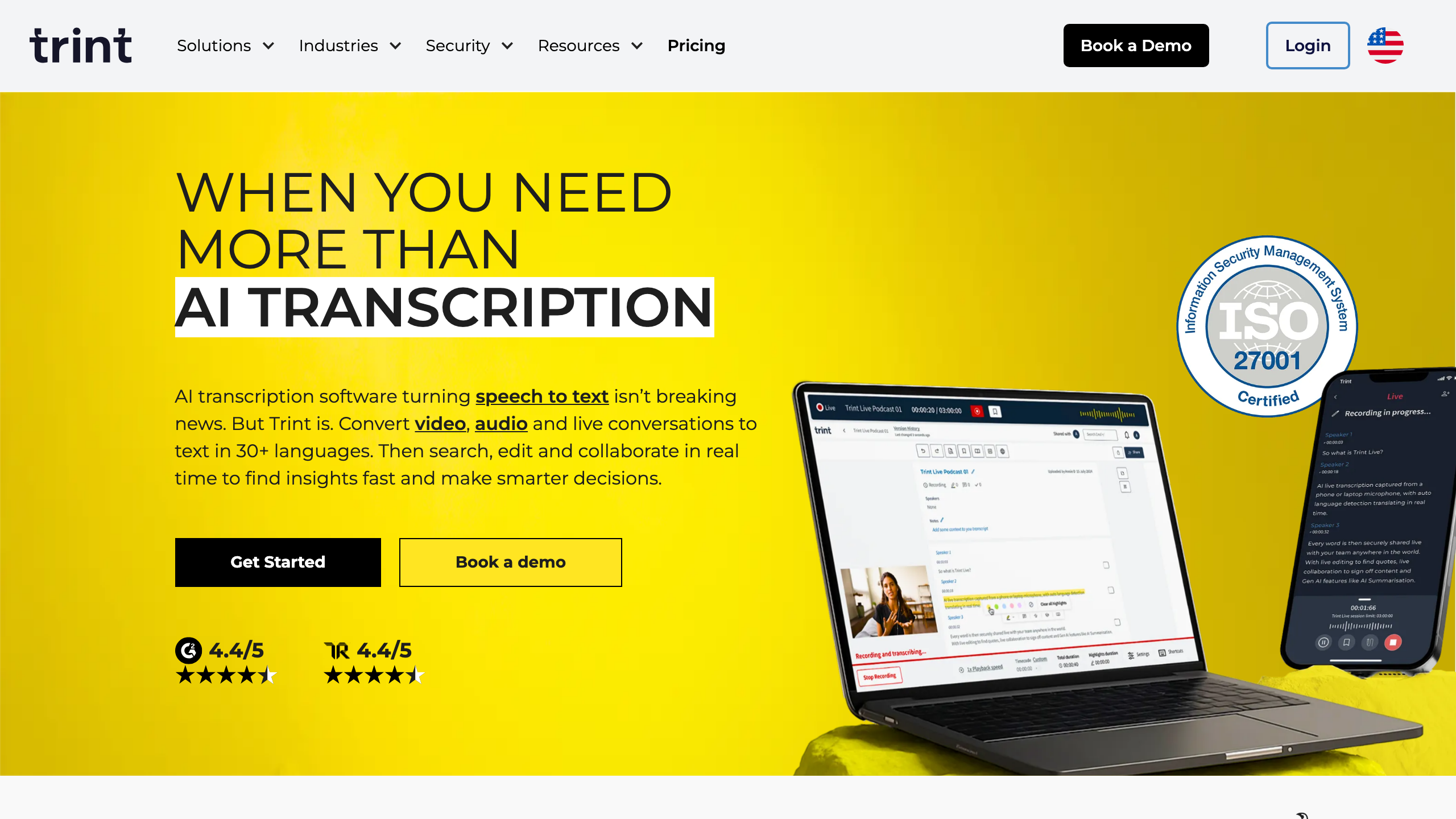 Trint homepage showing the newsroom-built AI transcription product with 4.4/5 G2 and TrustRadius ratings, ISO 27001 certification, and a tagline that AI transcription software turns speech to text for newsrooms
