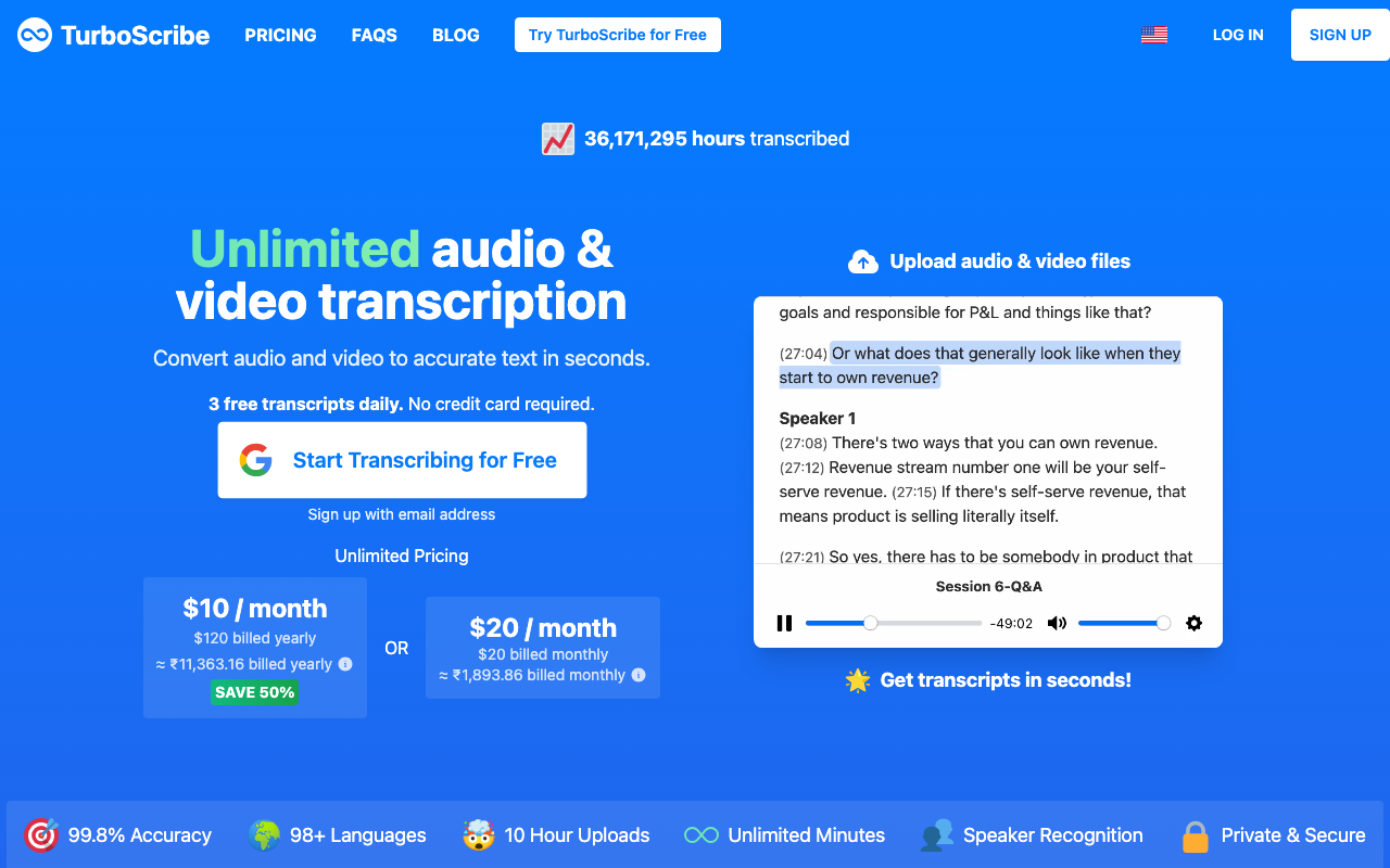TurboScribe website homepage showing cloud-based audio and video transcription service