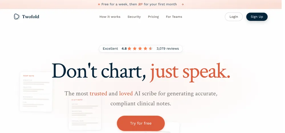 Twofold homepage: 'Don't chart, just speak.' AI scribe for clinical notes