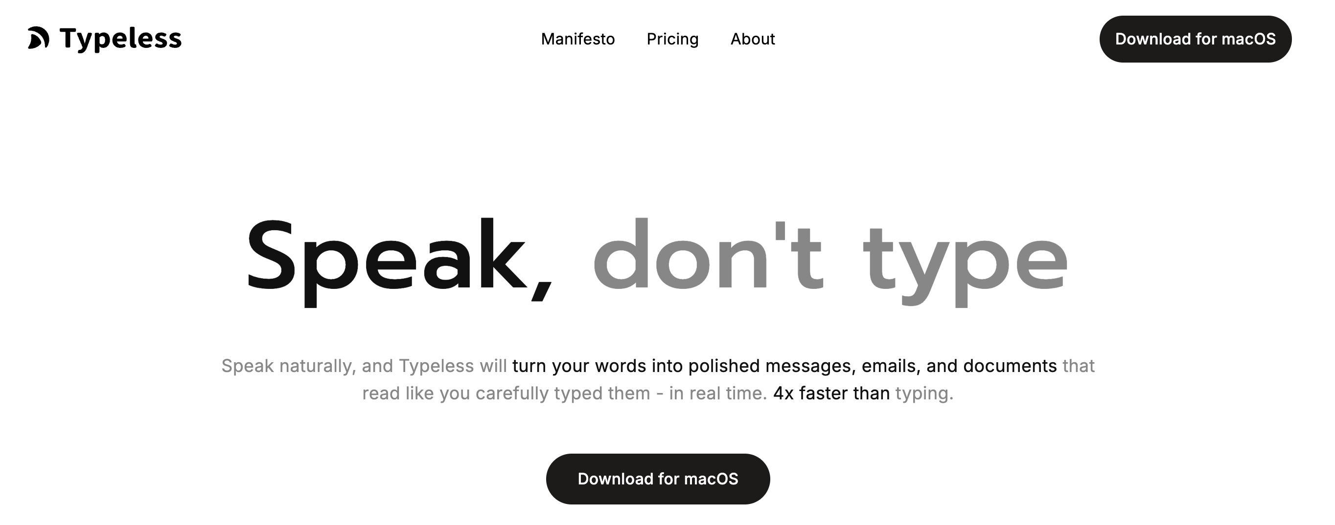 Typeless dictation app interface showing cloud-based AI dictation with style adaptation