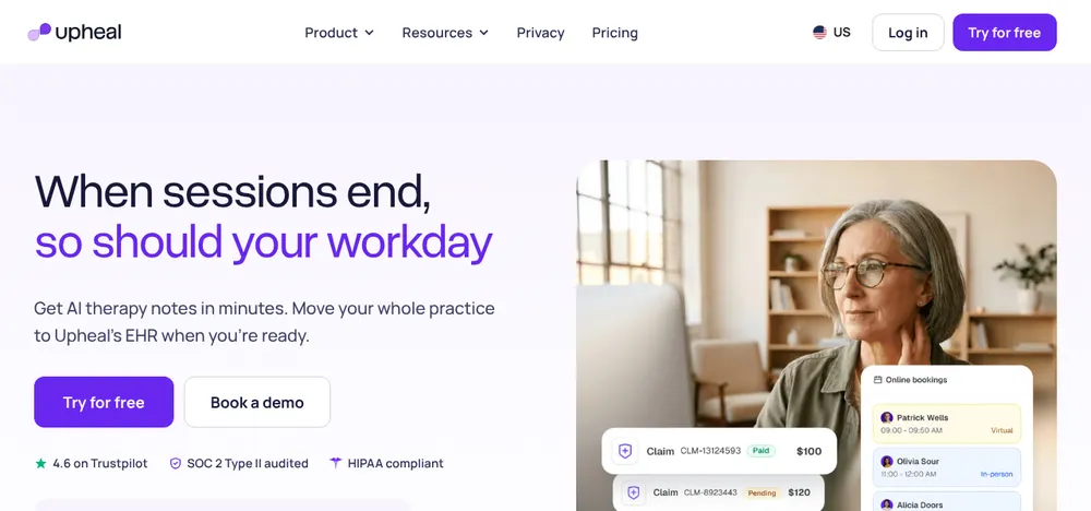 Upheal homepage: 'When sessions end, so should your workday' with AI therapy notes and its own EHR