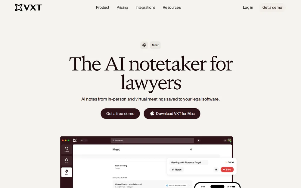VXT Meet website: 'The AI notetaker for lawyers', AI notes from in-person and virtual meetings saved to your legal software, with a Download VXT for Mac button