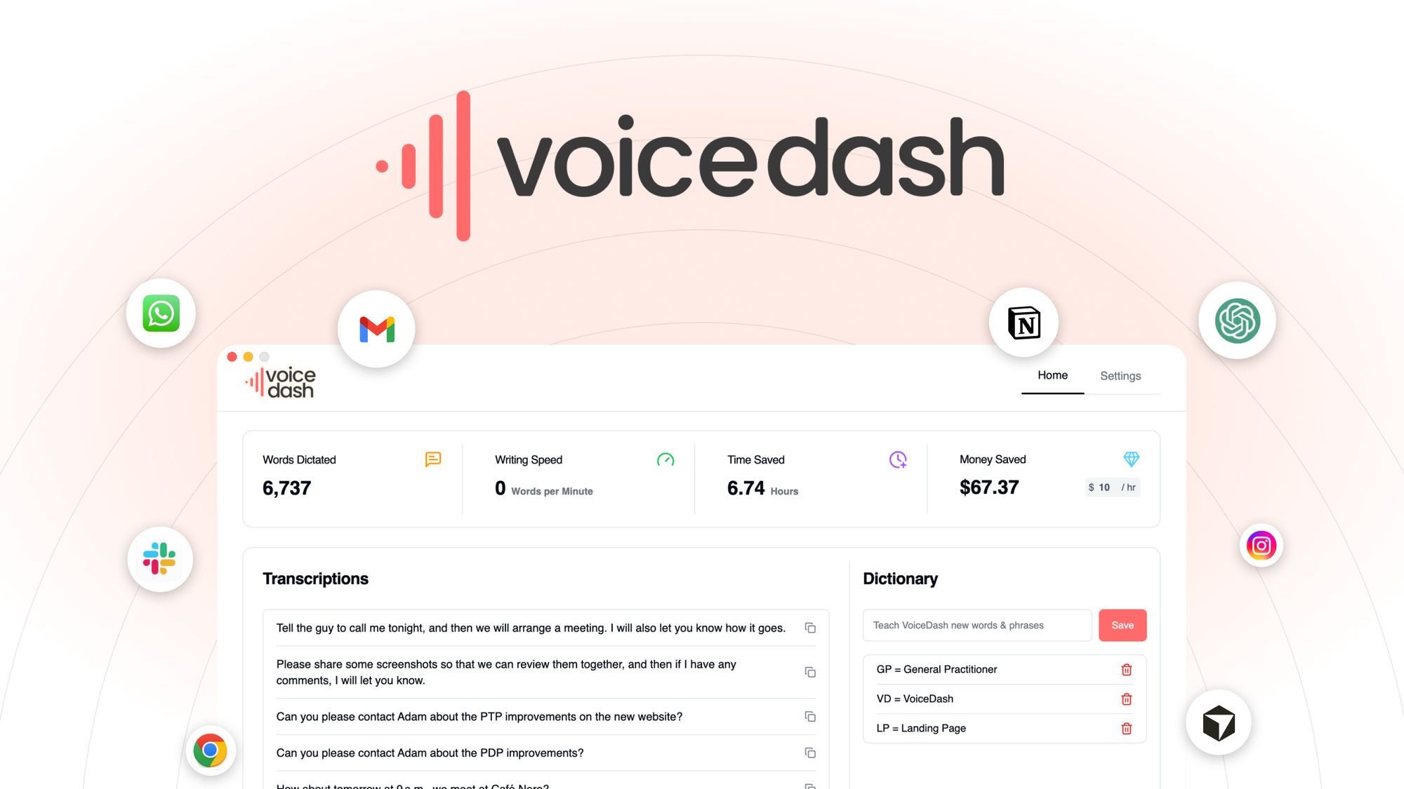 VoiceDash AI voice dictation app interface showing real-time transcription across Gmail, Slack, Notion, Cursor, and WhatsApp