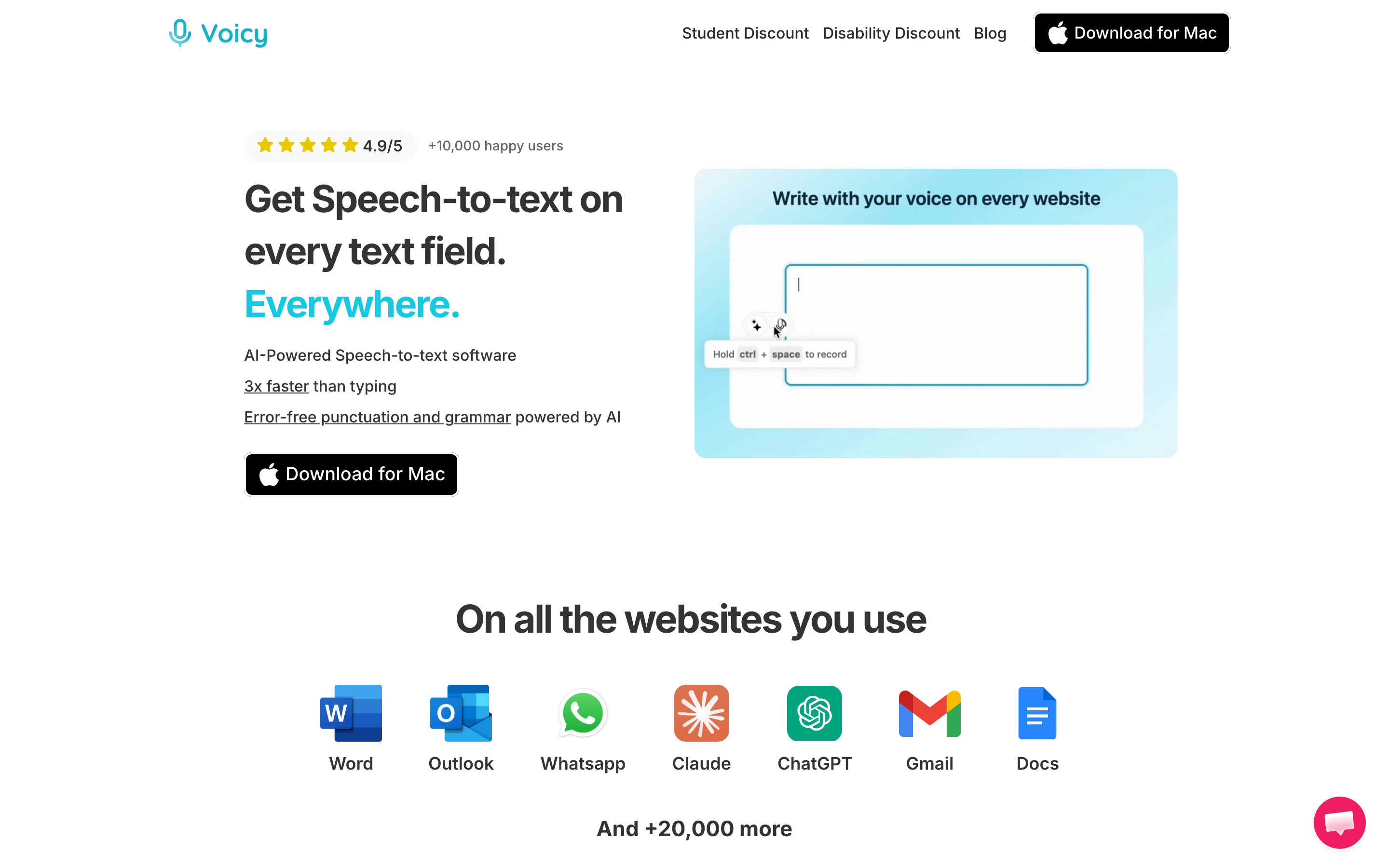 usevoicy.com homepage hero captured May 9, 2026: 'Get Speech-to-text on every text field. Everywhere.' Voicy logo with 4.9/5 rating self-reported by 10,000+ happy users, AI-Powered Speech-to-text software badge, '3x faster than typing' and 'Error-free punctuation and grammar powered by AI' callouts, Download for Mac CTA, plus a 'Write with your voice on every website' mockup. Bottom shows 'On all the websites you use' icons for Word, Outlook, WhatsApp, Claude, ChatGPT, Gmail, and Docs.