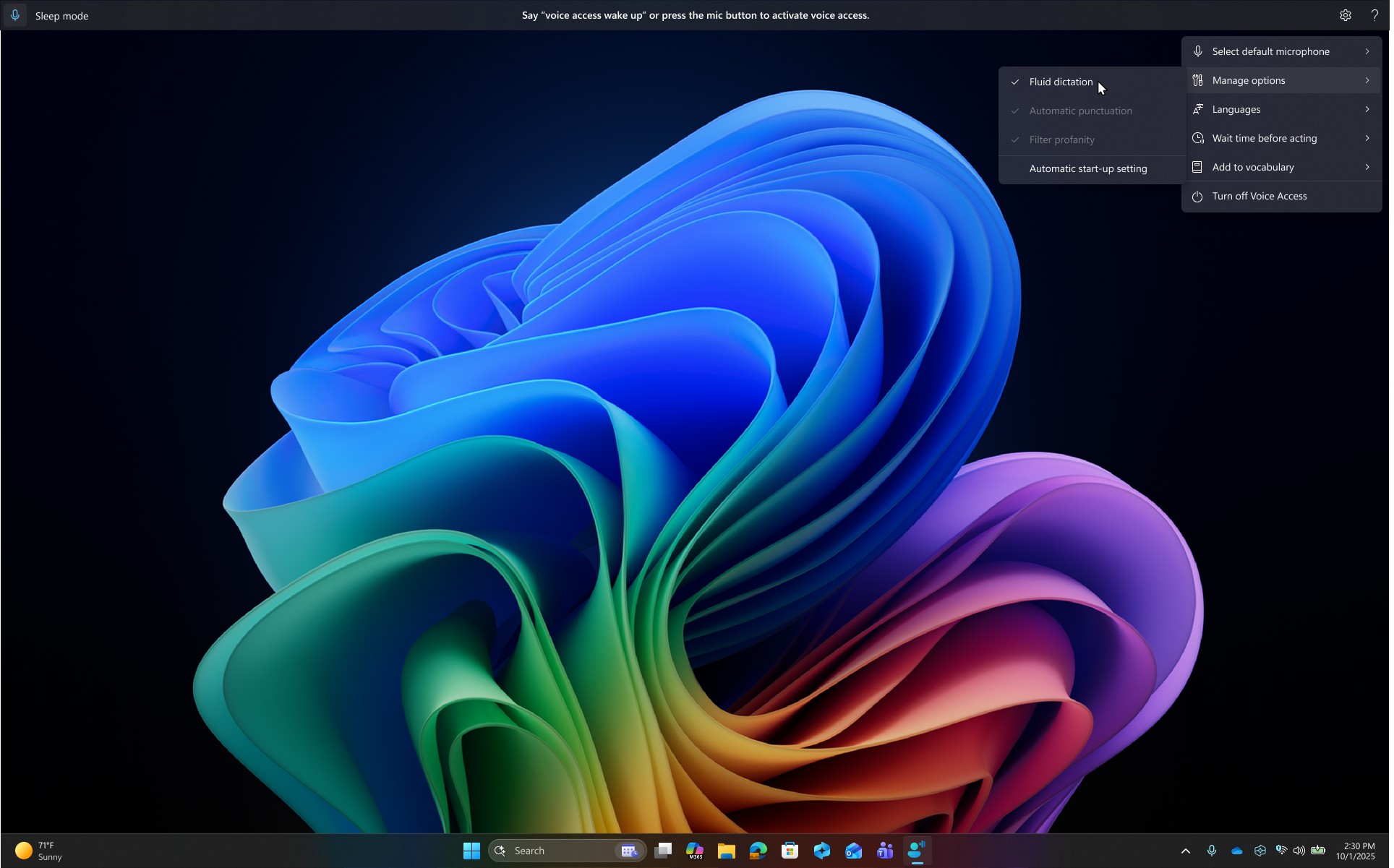 Windows 11 Voice Access toolbar with the Fluid dictation option enabled in the Manage options menu
