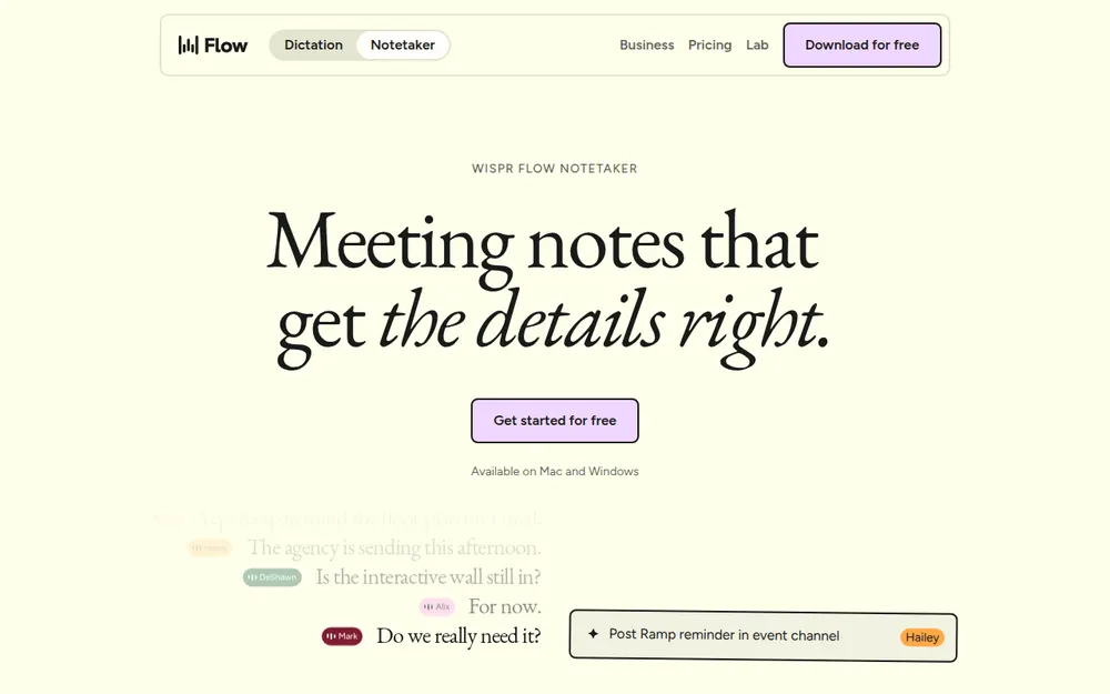 Wispr Flow Notetaker page: 'Meeting notes that get the details right', available on Mac and Windows