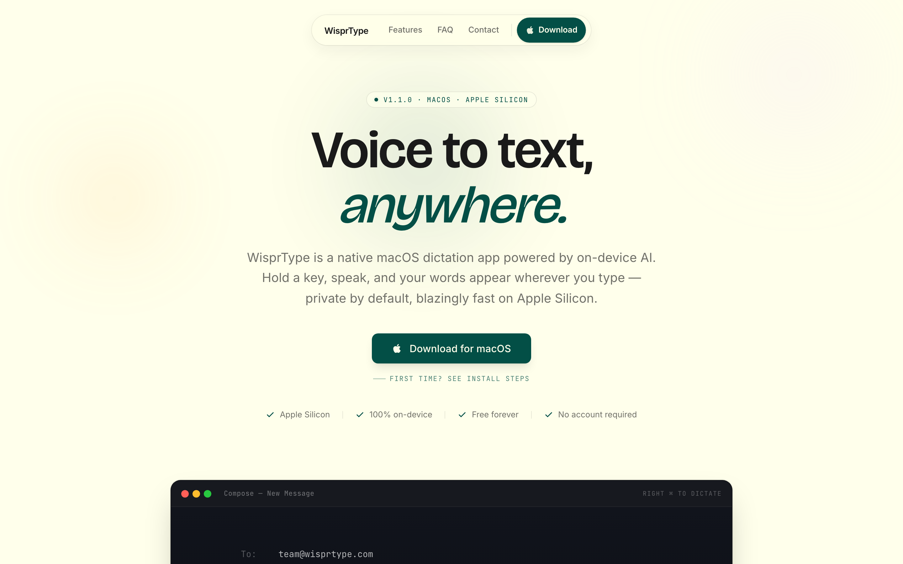 Wisprtype.com homepage hero captured May 7, 2026: 'Voice to text, anywhere.' Native macOS dictation app from indie developer Piyush Garg, with v1.1.0 · macOS · Apple Silicon badge and Download for macOS CTA.