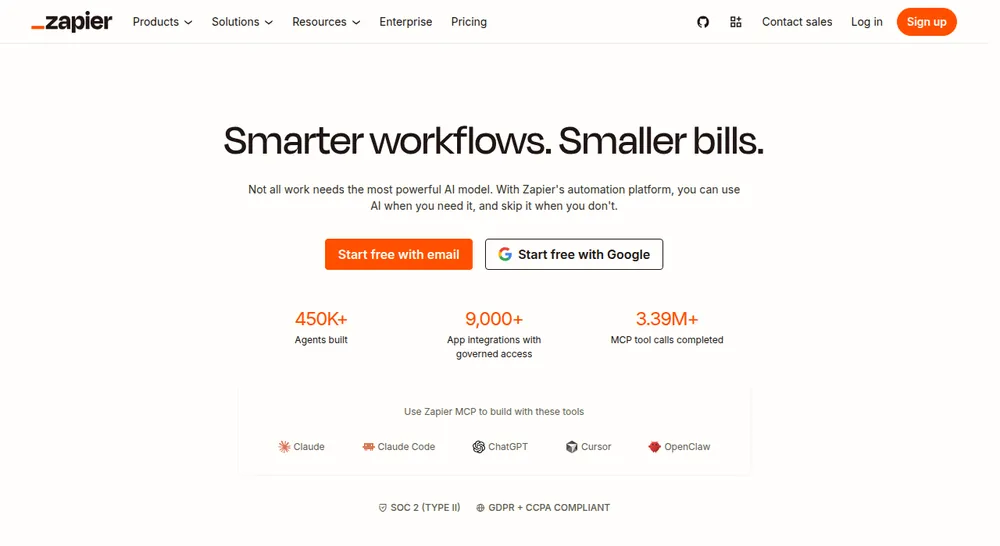 Zapier homepage with the headline Smarter workflows, smaller bills and a row of AI tools it connects to, including Claude and Claude Code