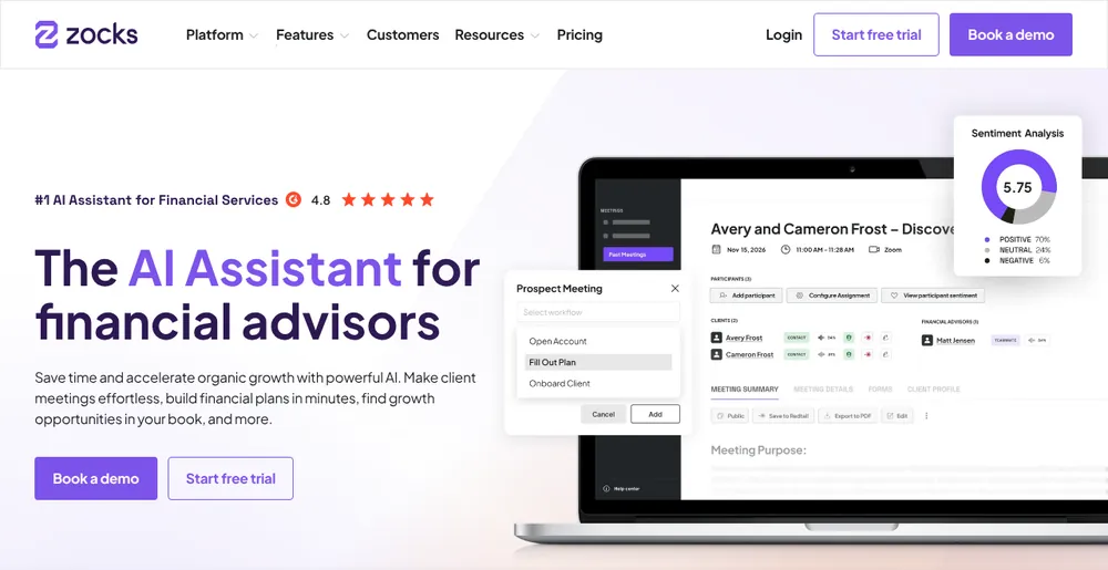 Zocks website: 'The AI Assistant for financial advisors', with Book a demo and Start free trial buttons beside a laptop showing a discovery-meeting summary with Save to Redtail and Export to PDF buttons