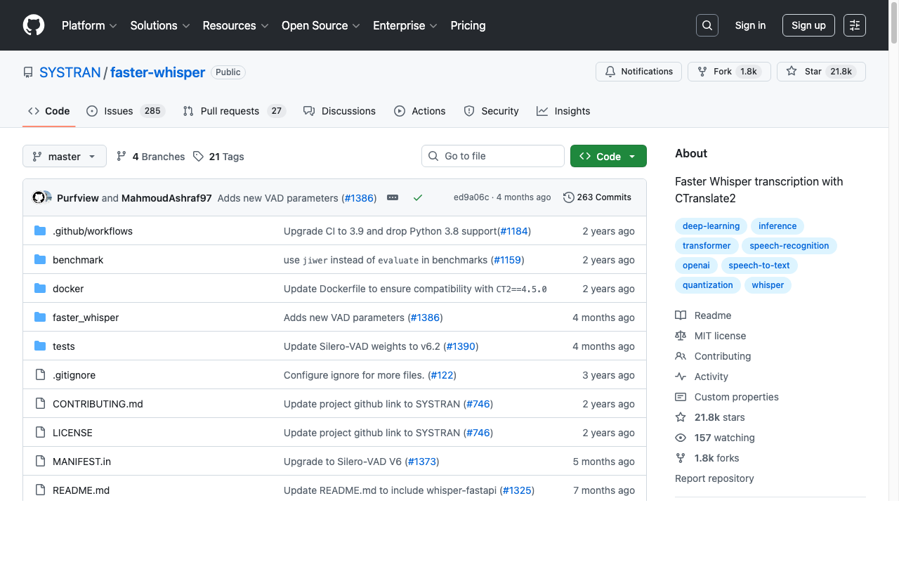 faster-whisper GitHub repository showing the CTranslate2-optimized Whisper implementation with 14,000+ stars