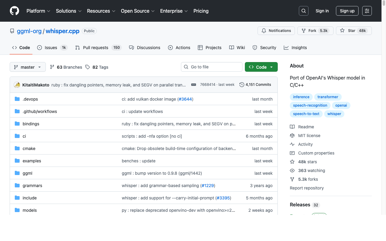 whisper.cpp GitHub repository showing the C/C++ Whisper port with 38,000+ stars for edge and mobile deployment