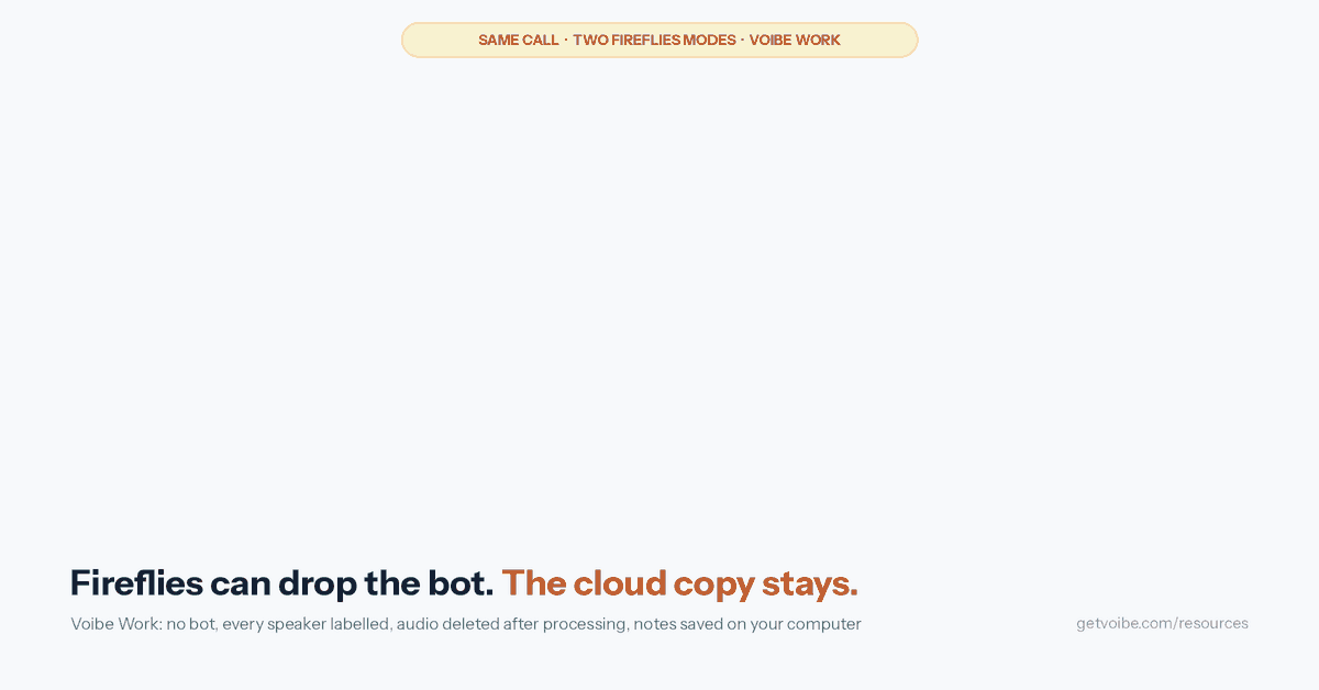 Animated comparison of one meeting traced through three paths. In the Fireflies bot path, a bot tile joins the call, the transcript shows named speakers, and the audio, video and transcript are stored in Fireflies' cloud. In the Fireflies Take Notes path, no bot joins, the transcript labels people Speaker 1 and Speaker 2, no audio is saved, and the transcript and summary are stored in Fireflies' cloud. In the Voibe Work path, no bot joins, the transcript shows speaker labels with a time on every line, the audio is deleted after processing, and the transcript and summary are saved on your computer.
