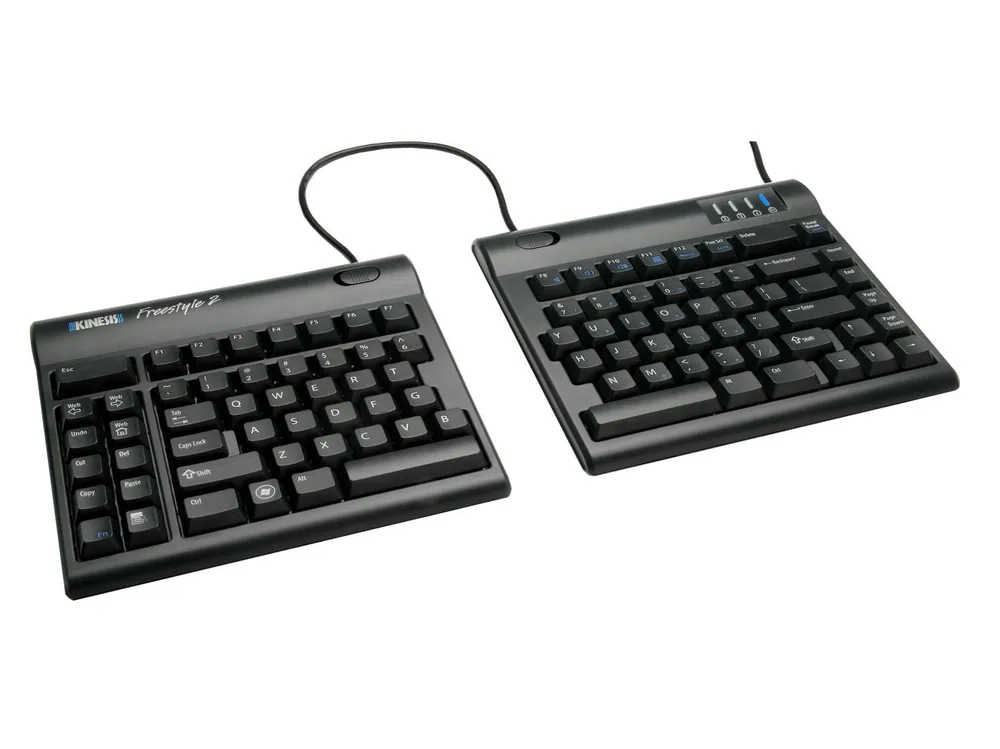 Kinesis Freestyle2 keyboard, split into two halves connected by a cable so separation can be adjusted