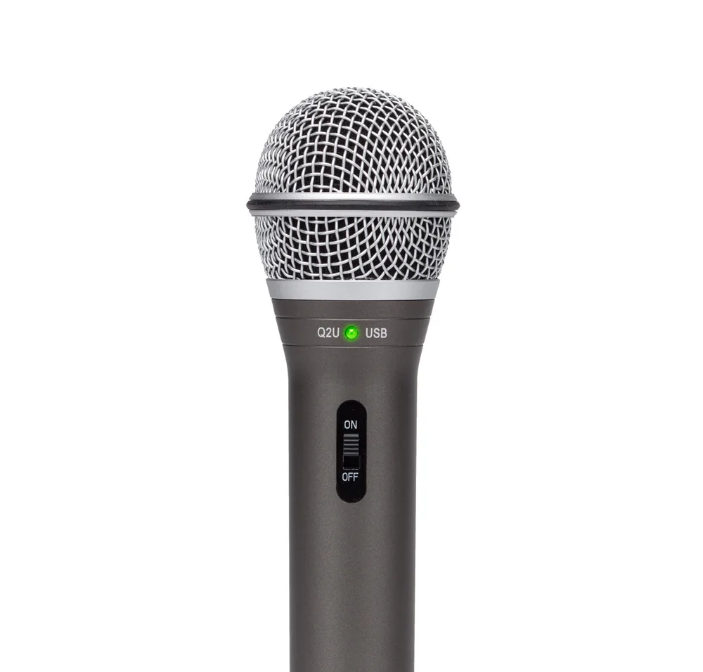 Samson Q2U dynamic USB and XLR microphone, a handheld-style dynamic capsule suited to shared rooms