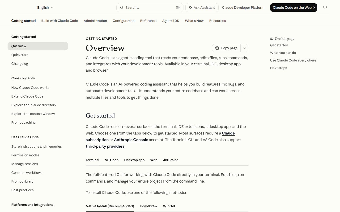 Screenshot of the Claude Code documentation overview at code.claude.com, describing Claude Code as an agentic coding tool that reads your codebase, edits files, runs commands and integrates with your development tools, with tabs for the Terminal, VS Code, Desktop app, Web and JetBrains surfaces.