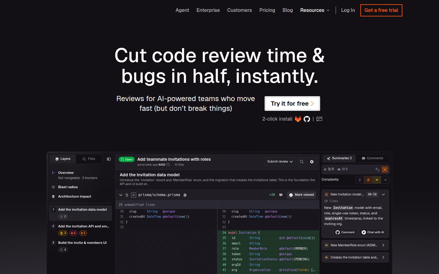 Screenshot of the CodeRabbit homepage at coderabbit.ai, headlined 'Cut code review time & bugs in half, instantly' with the subheading 'Reviews for AI-powered teams who move fast (but don't break things)', above a product shot of a pull request review showing a file diff alongside generated summaries and complexity indicators.