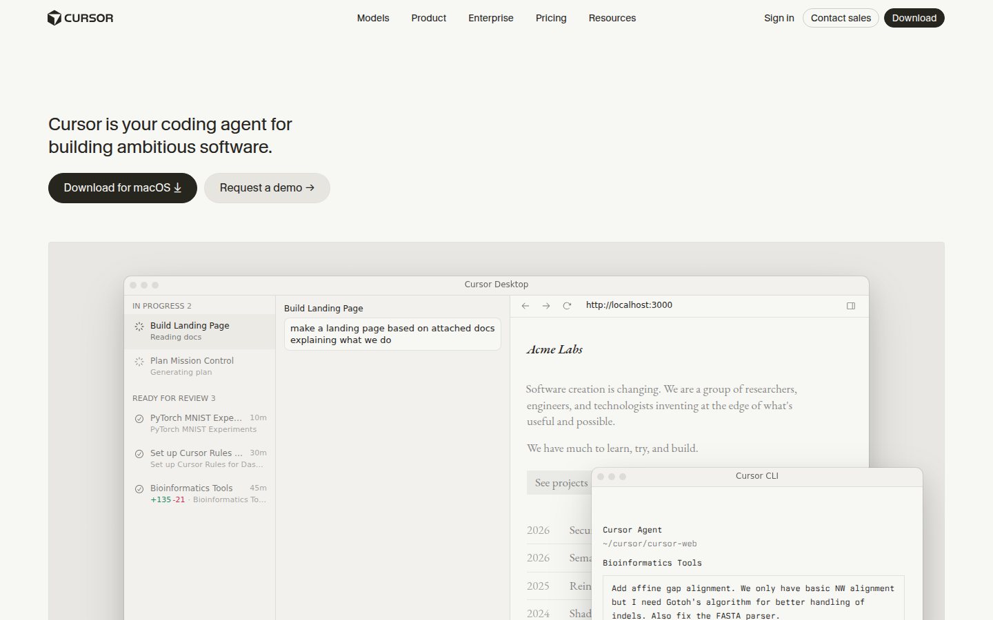 Screenshot of the Cursor homepage at cursor.com, headlined 'Cursor is your coding agent for building ambitious software', with Download for macOS and Request a demo buttons above a product shot of Cursor Desktop showing in-progress and ready-for-review agent tasks beside a browser preview and a Cursor CLI window.