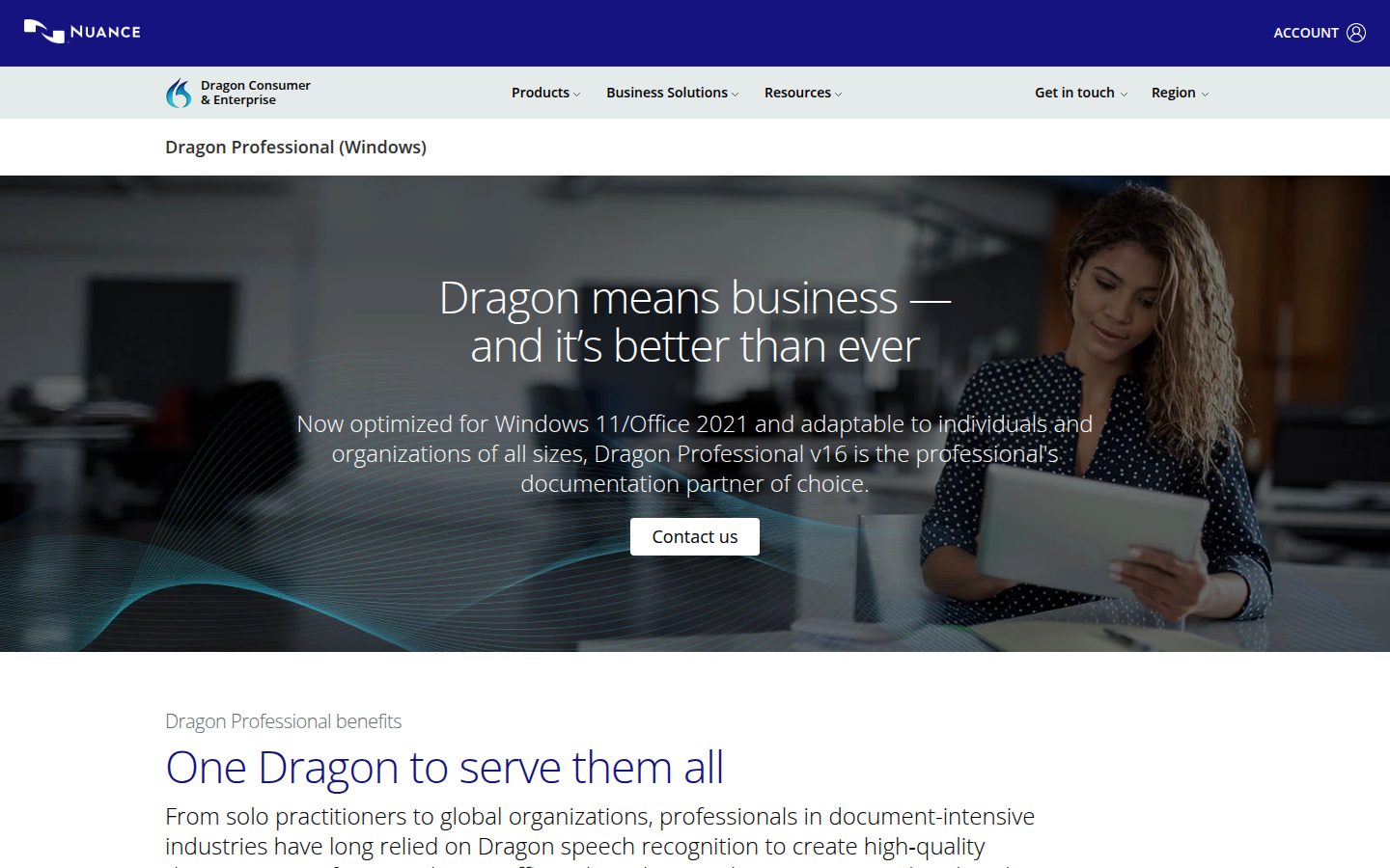 Screenshot of Nuance's Dragon Professional page with the headline 'Dragon means business — and it's better than ever' and a Contact us button