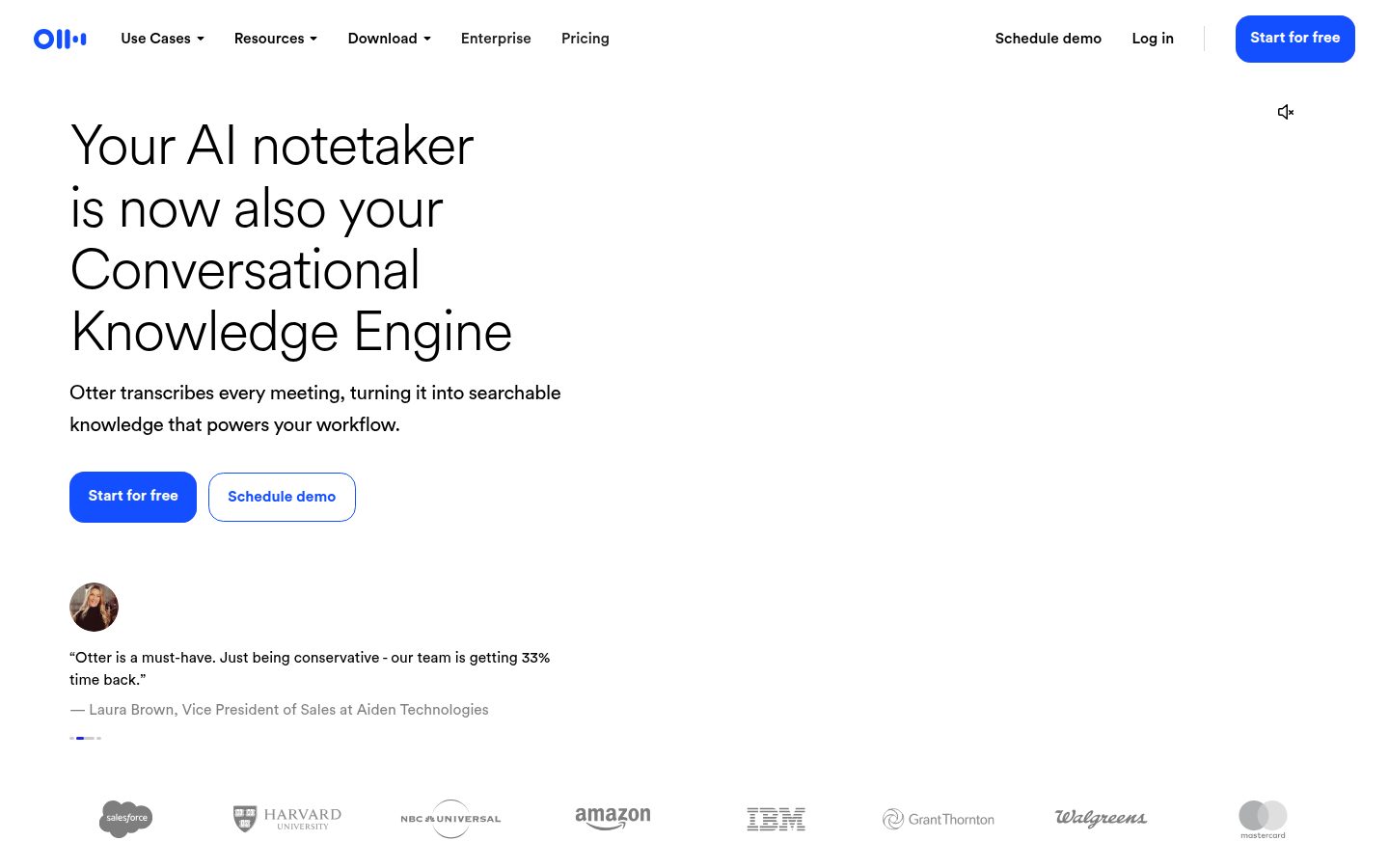 Screenshot of Otter.ai's homepage with the headline 'Your AI notetaker is now also your Conversational Knowledge Engine' and enterprise customer logos