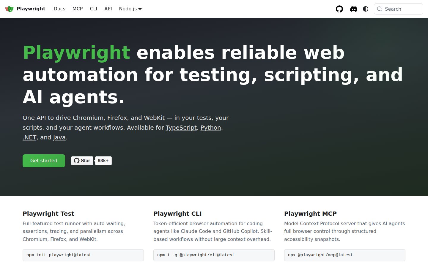 Screenshot of playwright.dev, headlined 'Playwright enables reliable web automation for testing, scripting, and AI agents', with three cards beneath it: Playwright Test, Playwright CLI, and Playwright MCP — described as a Model Context Protocol server that gives AI agents full browser control through structured accessibility snapshots, installed with npx @playwright/mcp@latest.