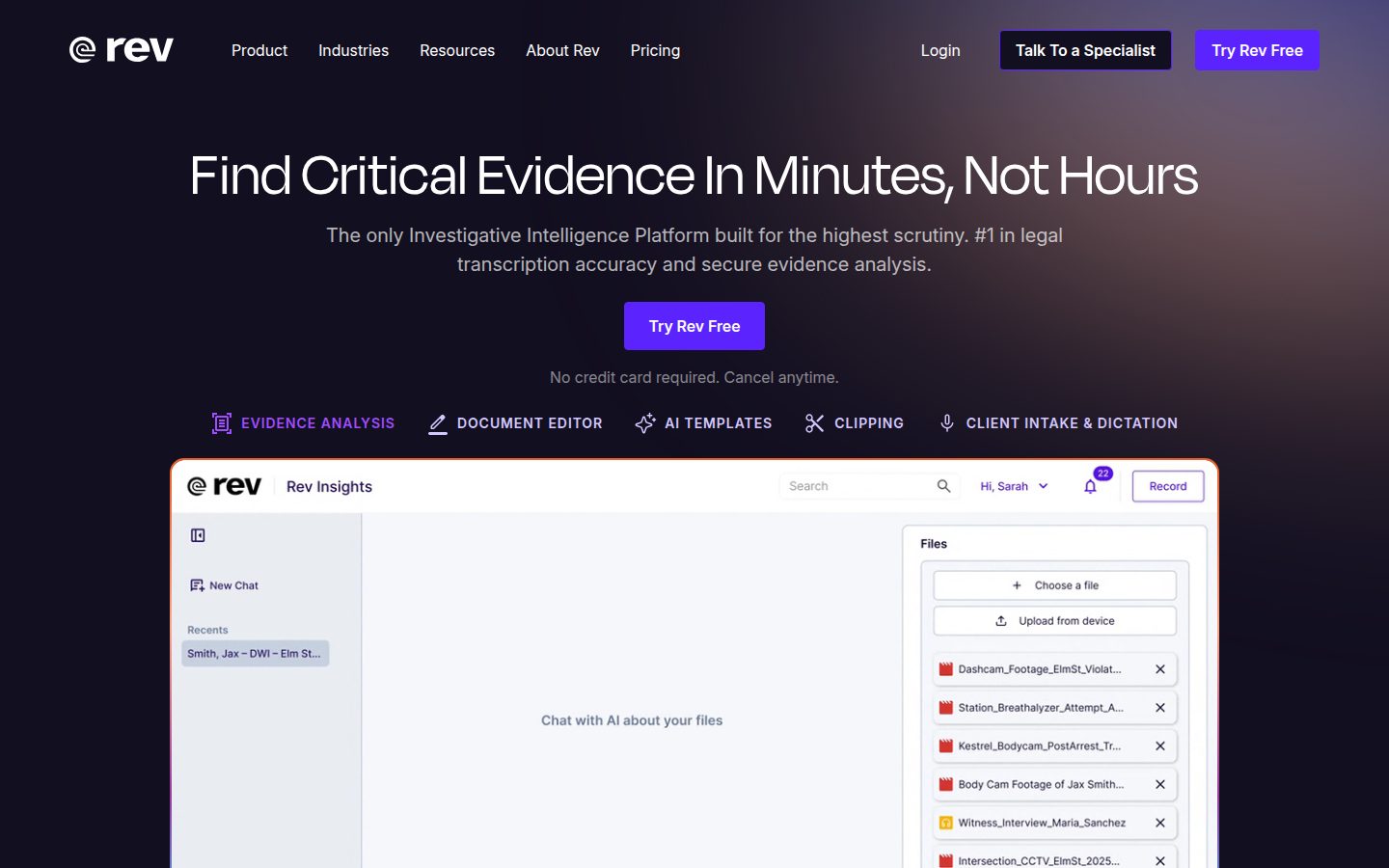 Screenshot of Rev.com's homepage showing the headline 'Find Critical Evidence In Minutes, Not Hours' and an interface for uploading and analyzing recorded files