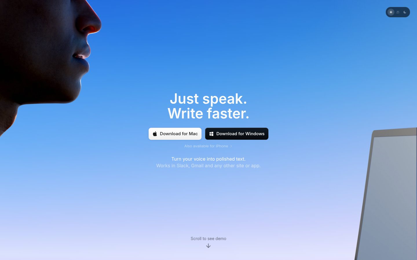 Screenshot of Superwhisper's homepage with the headline 'Just speak. Write faster.' and download buttons for both Mac and Windows
