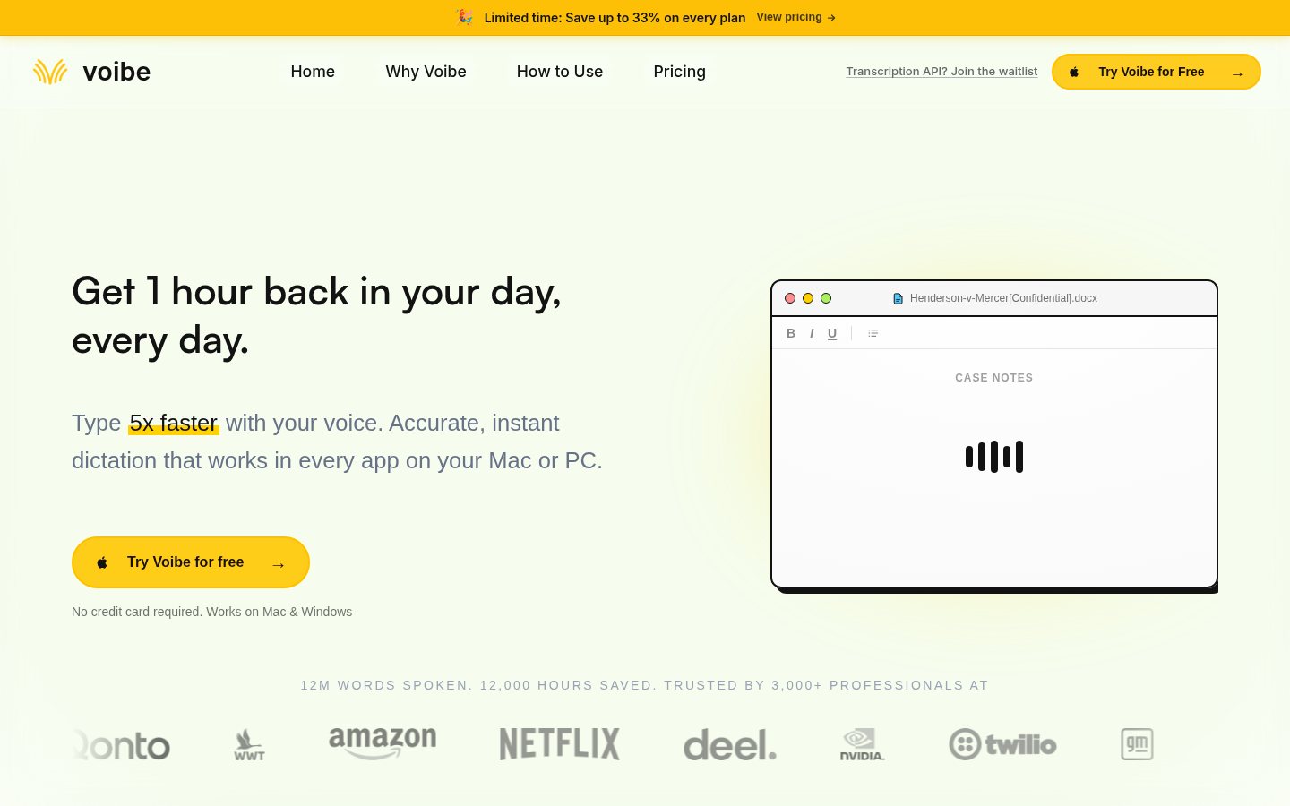 Screenshot of the Voibe homepage at getvoibe.com, headlined 'Get 1 hour back in your day, every day' with the subheading 'Type 5x faster with your voice. Accurate, instant dictation that works in every app on your Mac or PC', a 'Try Voibe for free' button noting no credit card required and that it works on Mac and Windows.