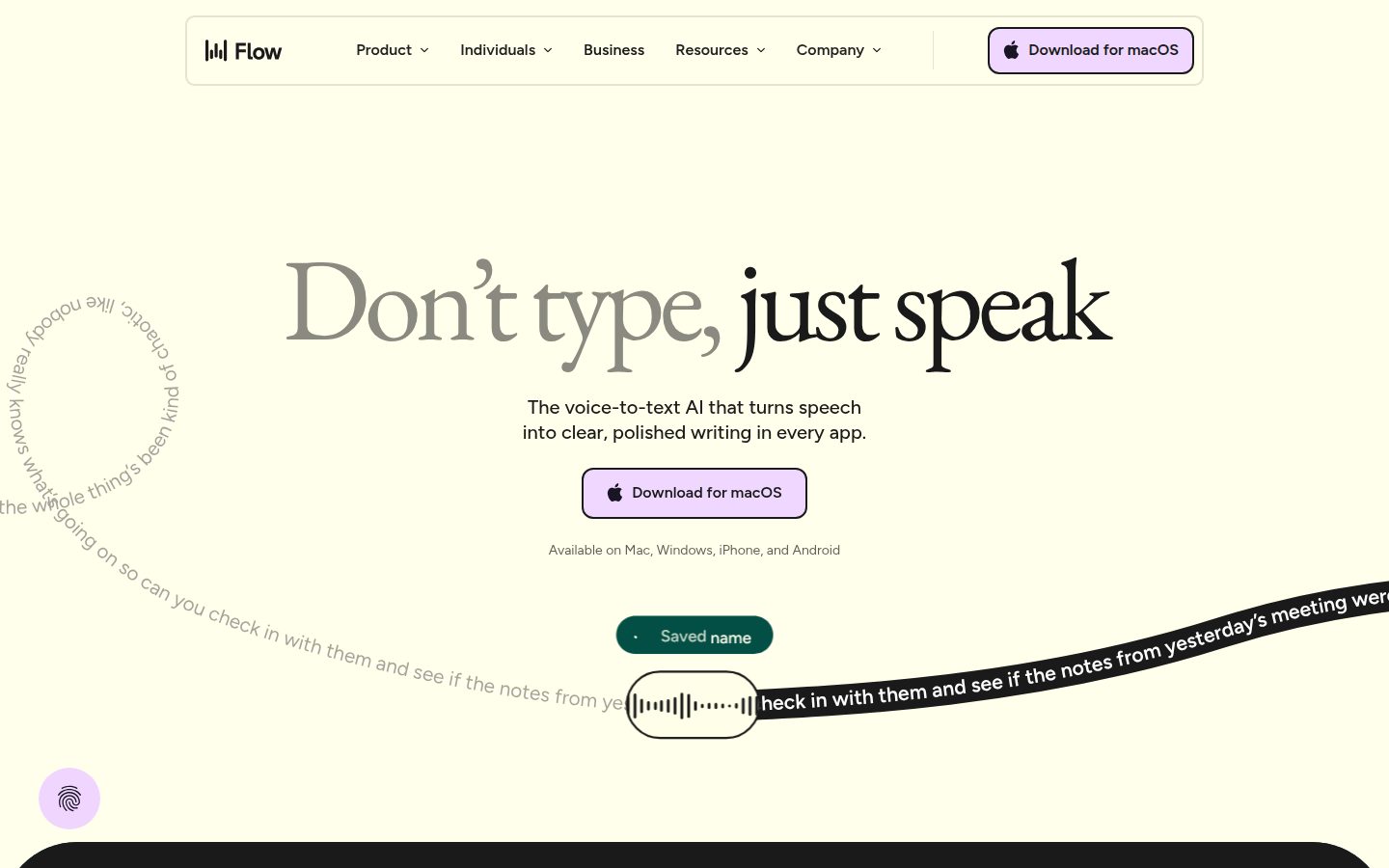 Screenshot of Wispr Flow's homepage with the headline 'Don't type, just speak' and a Download for macOS button